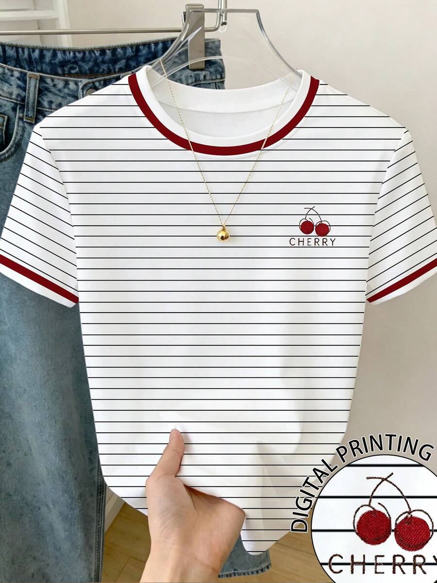 Resyla Striped & Cherry Print Round Neck T-Shirt For Women - White - View 1