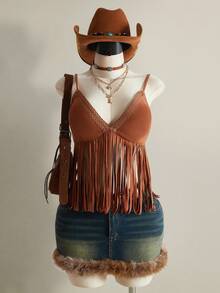 SHEIN ICON 大码流苏V领吊带背心，音乐节穿搭 - 棕色 - 查看 3