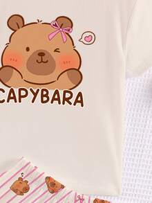 Bộ đồ ngủ ngắn tay cổ tròn, dễ thương, vui nhộn, mềm mại, đáng yêu dành cho bé gái tuổi teen, họa tiết Capybara hoạt hình, sọc hồng, vàng kem, phù hợp cho mùa hè - Nhiều màu - Xem 5