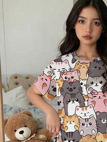 SHEIN Bộ đồ ngủ ngắn tay cổ tròn họa tiết hoạt hình mèo tối giản dành cho bé gái tuổi teen, phù hợp cho mùa hè - Nhiều màu - Xem 3
