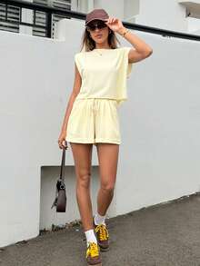 SHEIN EZwear 女士纯色简约无袖上衣和短裤两件套，休闲日常穿着 - 白色 - 查看 4