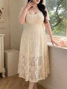 Vibekara Plus Size Romantic Square Neck Waist Gathered A-Line Lace Dress - Apricot - View 1