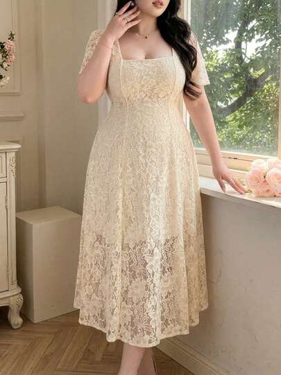 Vibekara Đầm ren dáng chữ A xếp ly, cổ vuông, eo, kiểu dáng lãng mạn, cỡ lớn, chất liệu ren.