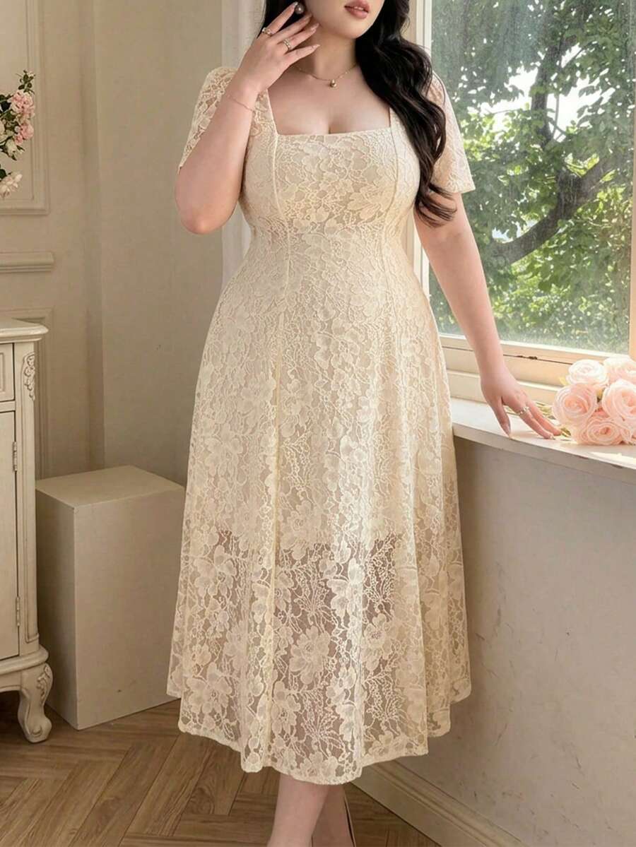Vibekara Plus Size Romantic Square Neck Waist Gathered A-Line Lace Dress - Apricot - View 1