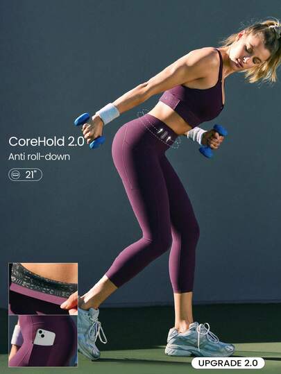 GLOWMODE 21" FeatherFit™-Sculpt Slay The Sweat Compressive Anti-Roll Tummy Control No Front Seam Side Pockets Leggings Training Running Workout Gym