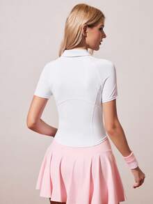 SHEIN Sports 女士修身 Polo 衫，白色，短袖，翻领，吸湿排汗面料，适合休闲穿着、跑步、瑜伽、健身、网球、高尔夫等运动。 - 白色 - 查看 2