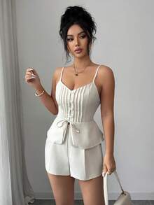 Selianne Bộ đồ công sở thanh lịch dành cho nữ, gồm áo hai dây dáng ôm, dây mảnh, xếp ly, thắt eo phía trước, quần ống rộng cạp cao hai dây, bộ vest thường ngày cổ điển cho nữ mùa xuân/hè, áo hai dây và áo nịt eo thiết yếu cho việc đi làm và du lịch. - Màu be - Xem 7