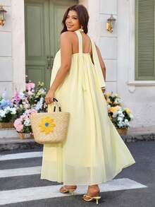 Breezaya 女士优雅无肩带缎带装饰轻盈性感长裙，黄色 - 黃色 - 查看 2