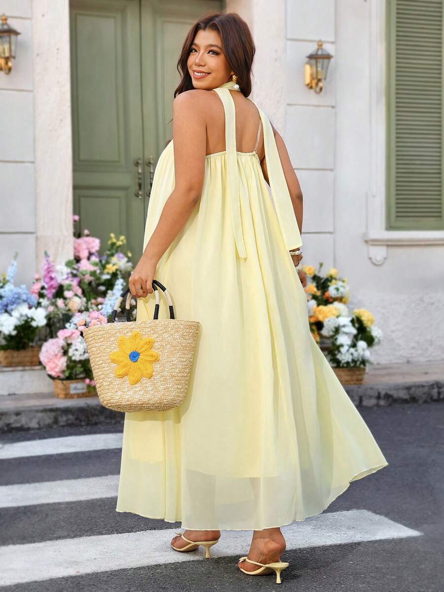 Breezaya 女士优雅无肩带缎带装饰轻盈性感长裙，黄色 - 黃色 - 查看 1