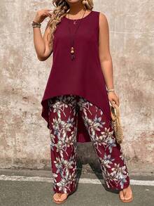 EMERY ROSE Plus Size Women Solid Color Round Neck Top And Wide Leg Pants Casual Everyday Set Fall - Red Violet - View 1