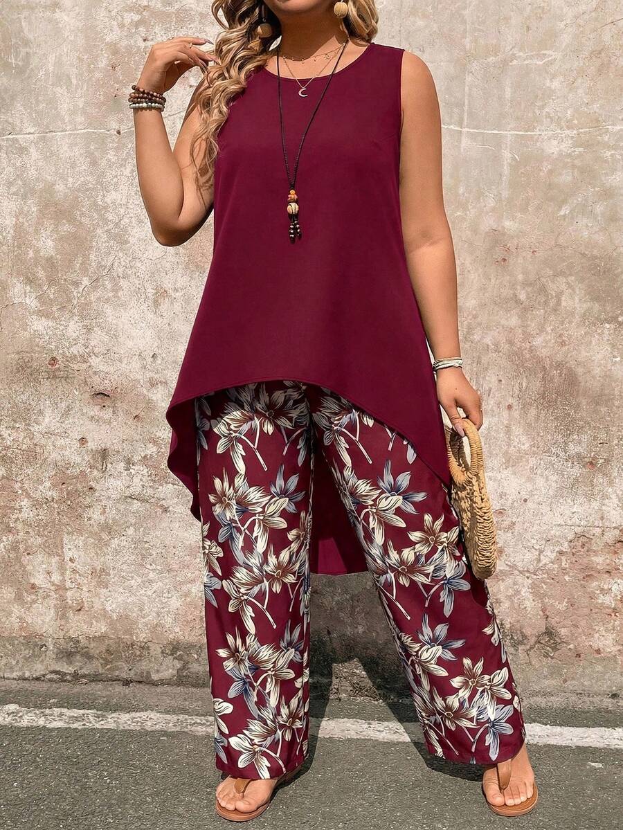 EMERY ROSE Plus Size Women Solid Color Round Neck Top And Wide Leg Pants Casual Everyday Set Fall - Red Violet - View 1