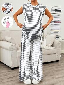 SHEIN 2pcs Maternity Striped Round Neck T-Shirt And Adjustable Waist Pants Set - White - View 5