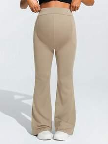 SHEIN Pantalones de maternidad de unicolor simple con bolsillo para teléfono, elásticos y transpirables - Caqui - Ver 4