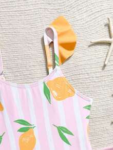 Young Girl Striped Lemon Print Flutter Sleeve One-Piece Swimsuit With Matching Skirt, Suitable For Beach Vacation, Pool Party, Beach Party - Multicolor - View 6