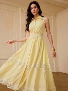 ZEYLAH VESTIDO SIN MANGAS DE ENCAJE ELEGANTE CON CONTRASTE - Amarillo - Ver 4