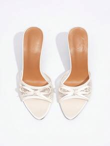 CUCCOO CHICEST New Fashion Versatile Rhinestone Bowknot Strap Stiletto Heel Sandals For Christmas Elegant Shoes Wedding Shoes Spring Shoes Bride Shoes - Beige - View 5