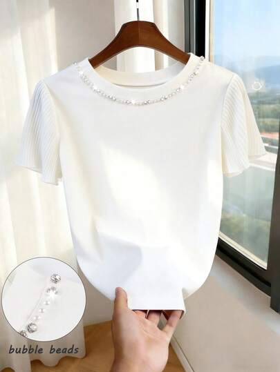Franclia Áo sơ mi nữ tay ngắn xếp ly bằng chiffon kiểu Pháp tối giản mùa hè mới, trang trí bằng kim cương và ngọc trai ở cổ áo, thích hợp cho đi làm hàng ngày, gặp gỡ bạn bè, hẹn hò, đi dạo, hoạt động ngoài trời, du lịch giải trí và các dịp khác.