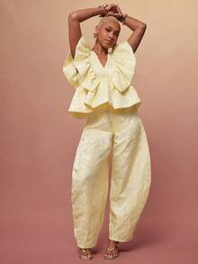 Vixey Satin Jacquard V Neck Ruffle Petal Sleeve Peplum Hem Top - Yellow - View 2