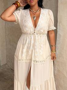 Rustia Plus Size Casual Long Floral Lace Trim Shirt, Vacation Wear For Spring & Summer - Apricot - View 6