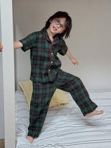 Dazy Kids 男童夏季休闲格子前开襟衬衫和裤子睡衣套装 - 綠色 - 查看 6