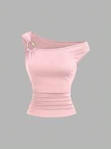 Elenzga Kaos Pas Badan dengan Kerah Asimetris Ukuran Besar, Atasan Kasual Serbaguna, Musim Semi/Panas - Berwarna merah muda - View 5