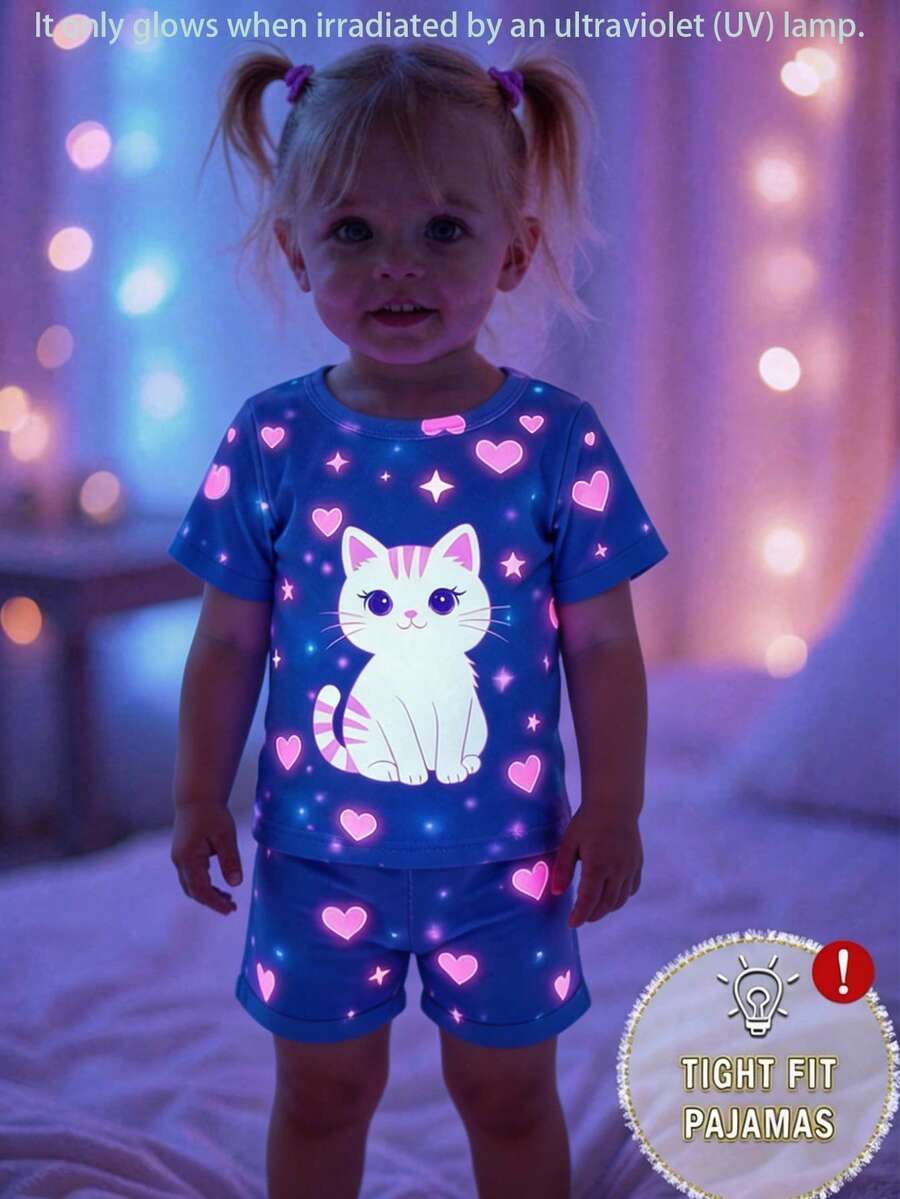 4pcs Baby Girls' Snug Fit Sleepwear Set, Cozy Cat & Heart Glow-In-The-Dark Print, Stretchy Knit Fabric, Short Sleeve Top And Pants - Purple - View 1