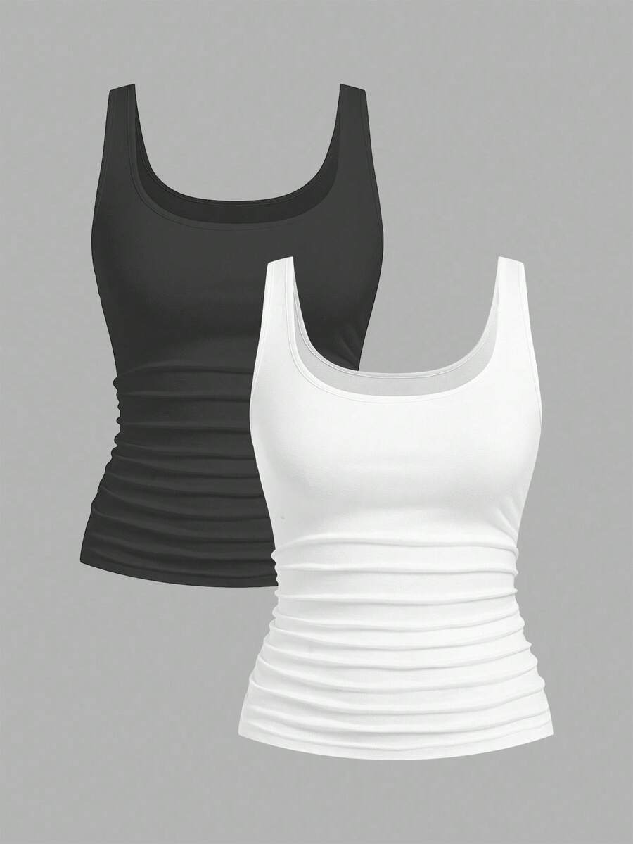 Slaydiva White & Dark Grey Women's Casual Crew Neck Ruched Fitted Tank Top Set, Versatile For Daily Wear,Summer Top - Multicolor - View 1