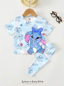 SHEIN 两件套可爱卡通蓝色兔子露露和史迪奇印花扎染海洋蓝，少女休闲简约圆领短袖T恤和打底裤套装，适合春夏日常、街头风、度假穿着。 - 彩色 - 查看 4