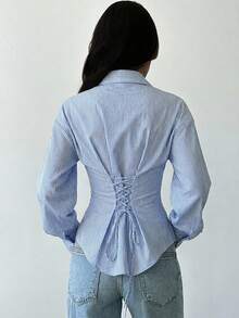 Firerie 女士100%纯棉蓝白条纹长袖系带衬衫 - 休闲通勤度假上衣，收腰优雅波西米亚风上衣，适合春、夏、秋、冬四季穿着，亦可作为工作服。 - 彩色 - 查看 2