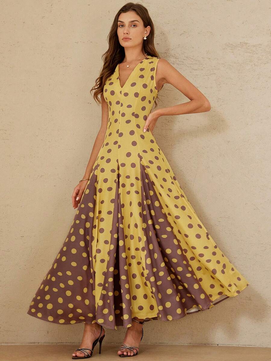 Aveloria Rosie 优雅的法式复古波点深V领无袖收腰撞色下摆连衣裙，适合约会和度假穿着。 - 彩色 - 查看 1