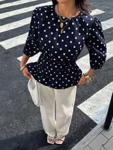 Siren Gaze Women's New Polka Dot Petal Sleeve Blouse - Navy Blue - View 4