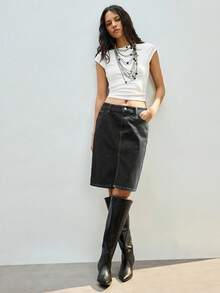 Maija Women's Black Denim Skirt, Midi Length, Simple And Stylish For The Workplace. - Black - View 4