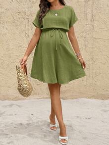 SHEIN Boat Neck Solid Color Waist Bow Decor Maternity Dress - Green - View 4