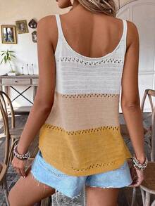 Breezaya Áo vest dệt kim cổ tròn khoét rỗng phối màu dành cho nữ, áo vest mùa hè cho nữ, trang phục thường ngày cho nữ, áo tank top dệt kim mùa hè cho nữ, áo kiểu nữ cho mùa hè - Nhiều màu - Xem 2