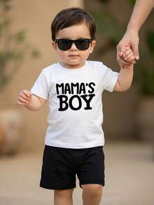 Playful Pals 2件套男婴“妈妈的宝贝”字母印花弹力针织白色圆领短袖T恤搭配黑色弹力腰短裤，婴幼儿服装，经典黑白配色，适合休闲、户外、度假等多种场合，夏季适用，6个月-3岁 - 黑與白 - 查看 9