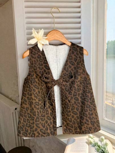 SHEIN MOD Women's Leopard Print Front Tie Casual Denim Vest