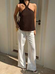 SHEIN EZwear 棕色编织休闲露背吊带女式上衣，夏季款 - 棕色 - 查看 7