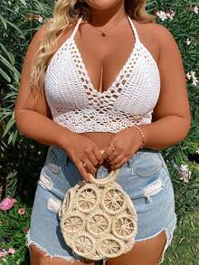 Flirla Áo khoác ngoài đi biển đan móc tay cỡ lớn dành cho nữ, có dây buộc cổ. - trắng - Xem 6