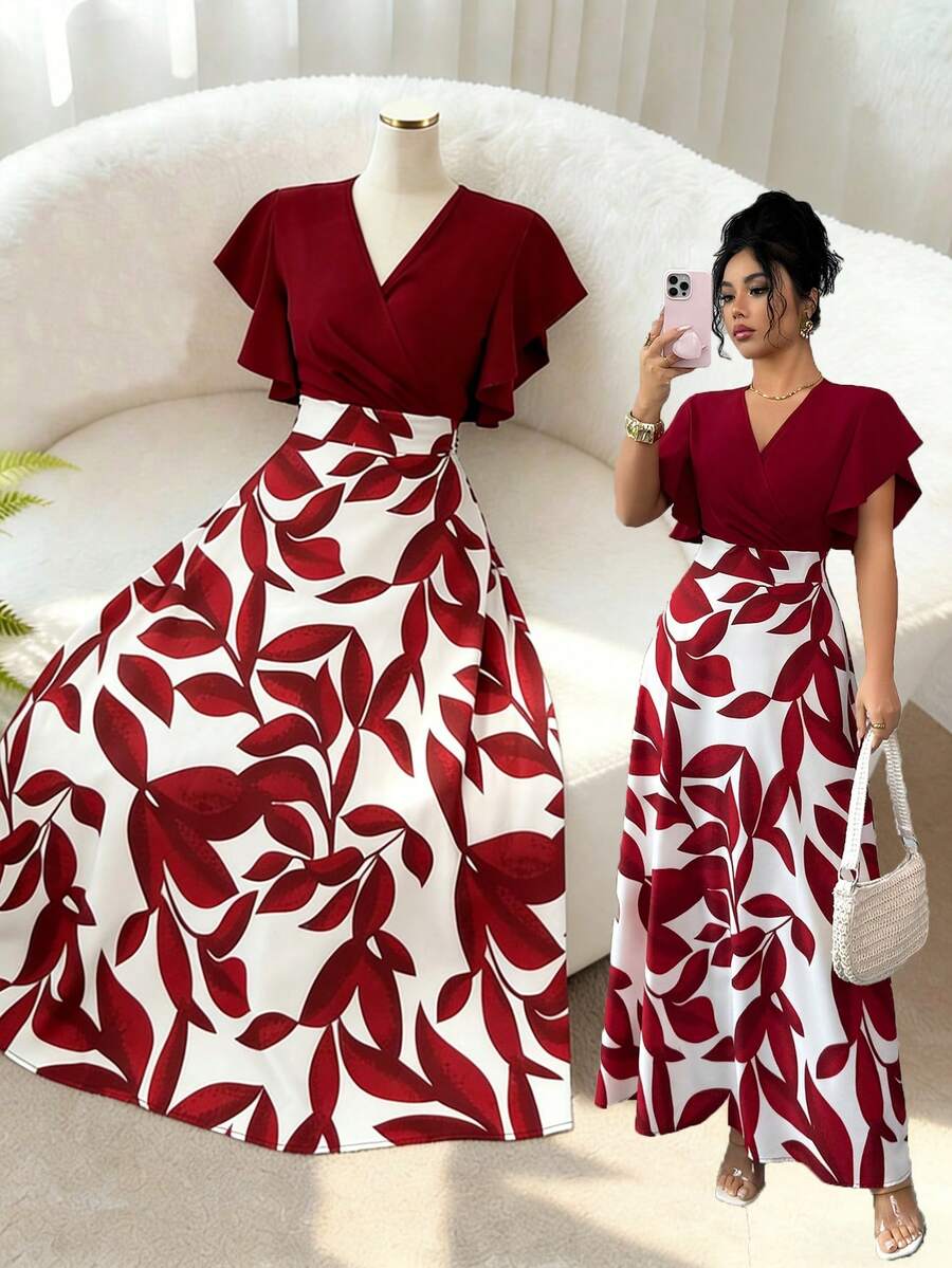 Elenzga Vestido ajustado y acampanado con volantes y mangas de capa, con estampado de hojas de color rojo burdeos, para primavera/verano - Multicolor - Ver 1