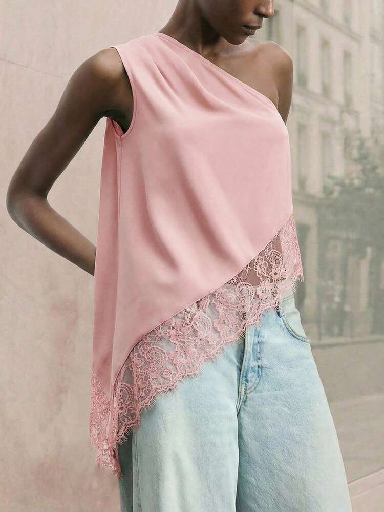 SHEIN Maija Women's Elegant Dusty Pink Summmer Tea Party Top,Asymmetrical Shoulder Design Modern Urban Solid Color Pleated Sleeveless Casual Independence Day