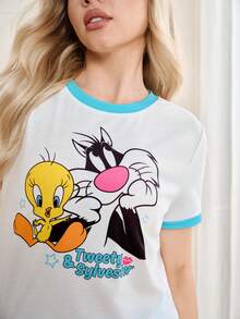 LOONEY TUNES X SHEIN Women's Cartoon Print Round Neck Short Sleeve Top And Shorts Pajama Set - Blue - View 4