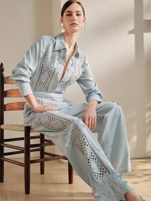 Anewsta Elegant Hollow Embroidered Lace Casual Outgoing Holiday Outfit, Unique Design, Women 2 Pieces Set - Blue - View 7