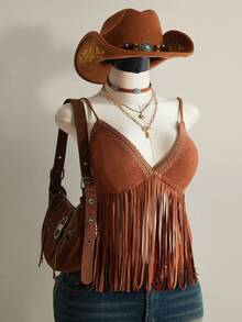 SHEIN ICON 大码流苏V领吊带背心，音乐节穿搭 - 棕色 - 查看 6