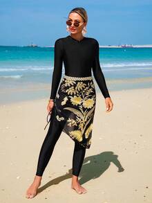 Swim Mulvari Women's Black Modest Long Sleeve Zipper One-Piece Swimsuit With Pants Set,Floral Mesh Cover-Up Skirt,Summer Beach Holiday Vacation Resort Outfits - Multicolor - View 4