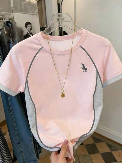 Resyla Camiseta casual de mujer con cuello redondo y estampado de unicornio en contraste de color