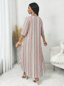 SHEIN Lady 大尺碼女款條紋 3/4 袖不對稱下擺上衣與長褲兩件套，棕色，秋季優雅端莊商務休閒套裝襯衫 - 彩色 - 查看 2