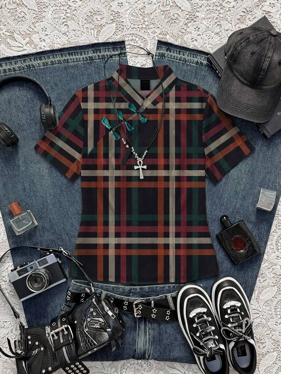 女士条纹短袖纽扣休闲衬衫 - 彩色 - 查看 1