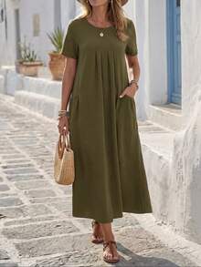 Faunlyn Women's Casual Solid Color Double Pocket Dress - Green - View 5