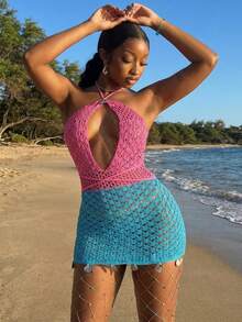 Modviera Rochie de damă multicoloră, cu design scobit, fără spate, cu noduri, tricotată cu paiete, croșetată, cu element de coajă, sexy, atrăgătoare, romantică, pentru petrecere de vacanță și întâlniri, primăvară/vară - Multicolor - Vizualizare 4