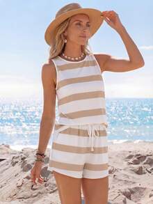 Sylviya 女士休闲圆领背心短裤两件套，适合夏季度假穿着，女士连体裤夏季两件套休闲装 - 彩色 - 查看 5